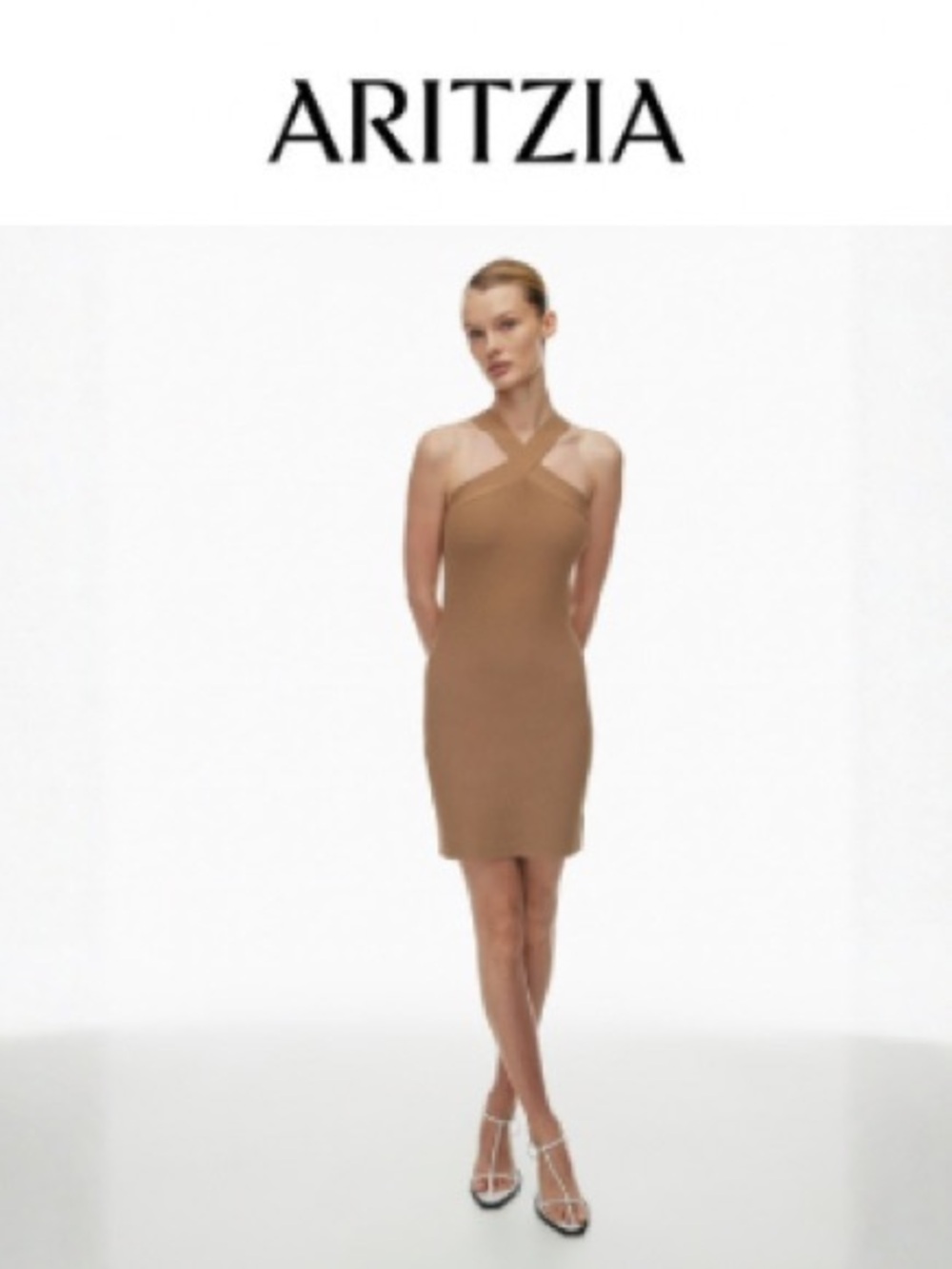 Aritzia Cross-Strap Bodycon Dress in Camel